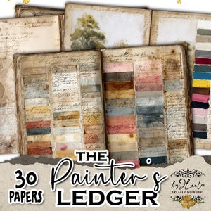 May include: A collection of vintage-style papers and ledgers. The papers have aged textures and handwritten script. The color palette includes muted tones of beige, brown, and pastel colors. The text on the image reads "The Painter's Ledger" and "30 Papers".