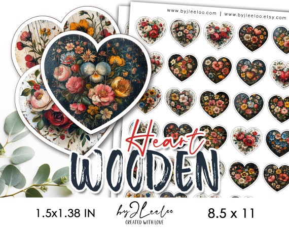 WOODEN HEART 1.5 x 1.38 in illustration | Fussy cut Valentine supplies for labels tag journaling Wedding printable | Folk art paper | tn759