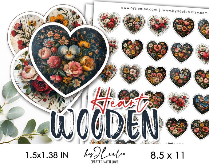 WOODEN HEART 1.5 x 1.38 in illustration | Fussy cut Valentine supplies for labels tag journaling Wedding printable | Folk art paper | tn759