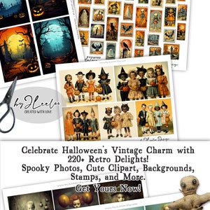 Puede incluir: Un paquete de papel digital con m&aacute;s de 220 im&aacute;genes y 27 papeles digitales con ilustraciones vintage de Halloween. Las im&aacute;genes incluyen fotos espeluznantes, clipart lindo, fondos, sellos y m&aacute;s. El texto "Haunted Nostalgia" aparece en la imagen.