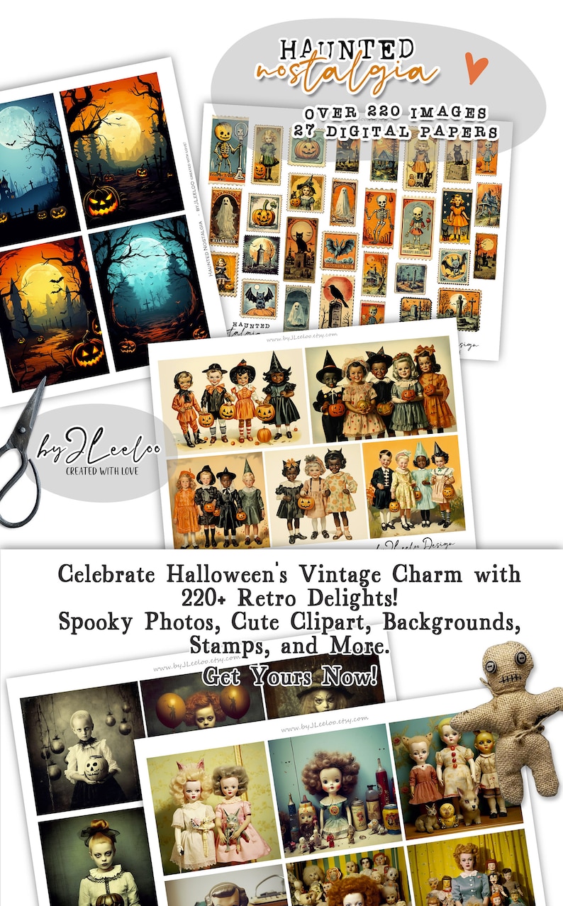 Puede incluir: Un paquete de papel digital con m&aacute;s de 220 im&aacute;genes y 27 papeles digitales con ilustraciones vintage de Halloween. Las im&aacute;genes incluyen fotos espeluznantes, clipart lindo, fondos, sellos y m&aacute;s. El texto "Haunted Nostalgia" aparece en la imagen.