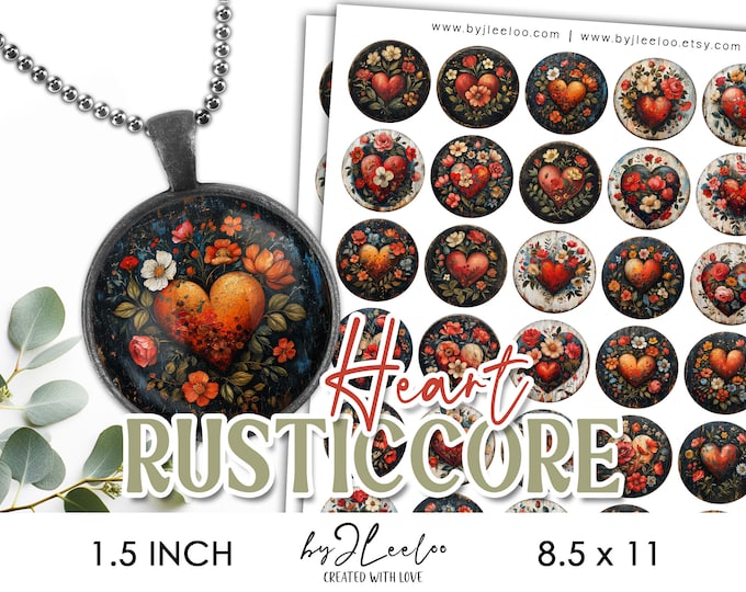 RUSTICCORE HEART 1.5 inch printable illustration | Valentine supplies round pendants glass cabochon charm pin mirror journal sticker | tn753