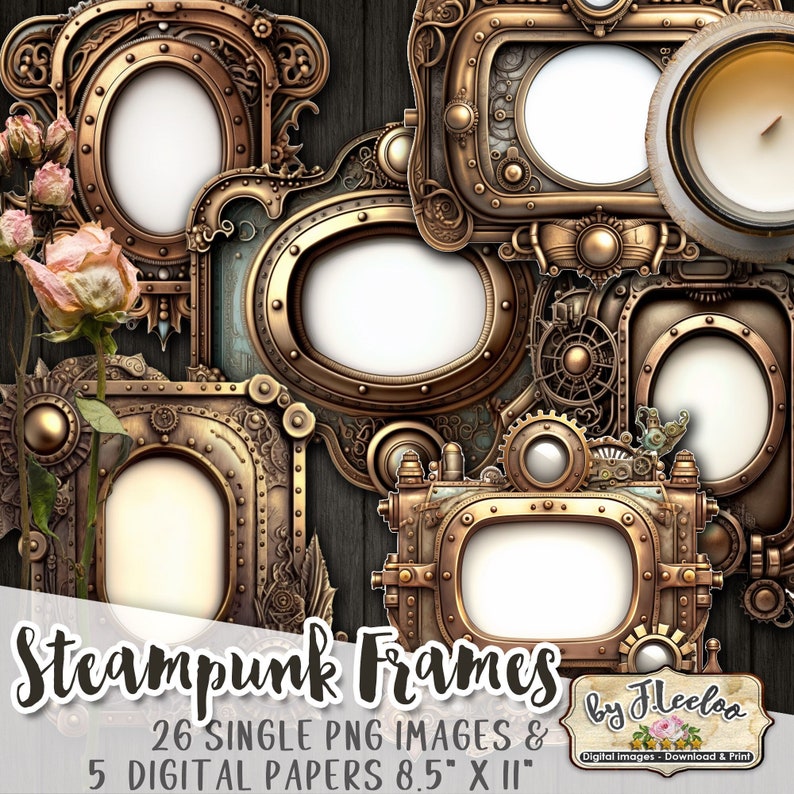 May include: A set of 26 steampunk-style digital frames in PNG format, featuring intricate brass and copper designs with gears and cogs. The frames are perfect for adding a vintage, industrial aesthetic to your digital projects.