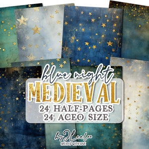 MIDDELEEUWSE BLAUWE NACHT halve pagina's Aceo afdrukbaar | Star-junktijdschrift benodigdheden Mixed Media | Collage posterkaart maken met sterrenhemel | pp728