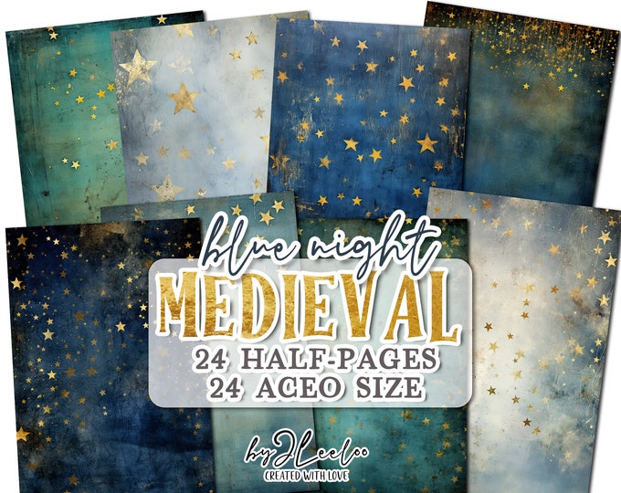 MEDIEVAL BLUE NIGHT half pages Aceo printable | Star junk journal Mixed Media supplies | Starry sky print poster card making collage | pp728
