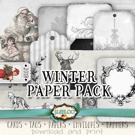 WINTER PAPER PACK vintage holidays digital collage sheet black white ephemera cards tags envelopes printable for journal kit diary cp001