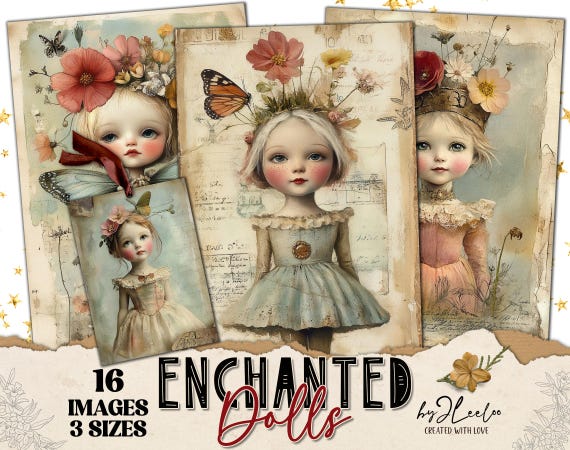 ENCHANTED DOLLS 3 sizes | vintage whimsy card junk journal printable illustration | Card making collage digital postcard Scrapbook  | pp924