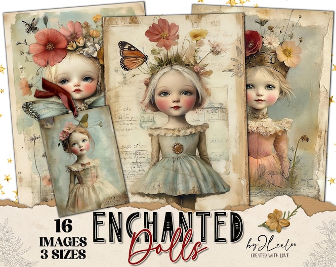 ENCHANTED DOLLS 3 sizes | vintage whimsy card junk journal printable illustration | Card making collage digital postcard Scrapbook  | pp924