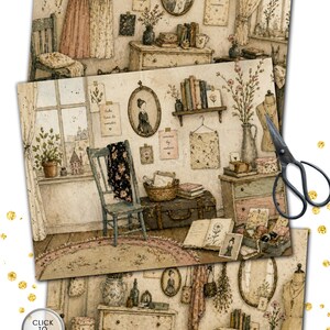 Puede incluir: Ilustraci&oacute;n en acuarela de seis escenas de estilo vintage, cada una representando una habitaci&oacute;n con muebles antiguos, detalles florales y objetos decorativos. El texto dice "6 Wandering Places 11 x 8.5 inches JPG Files 300 DPI".