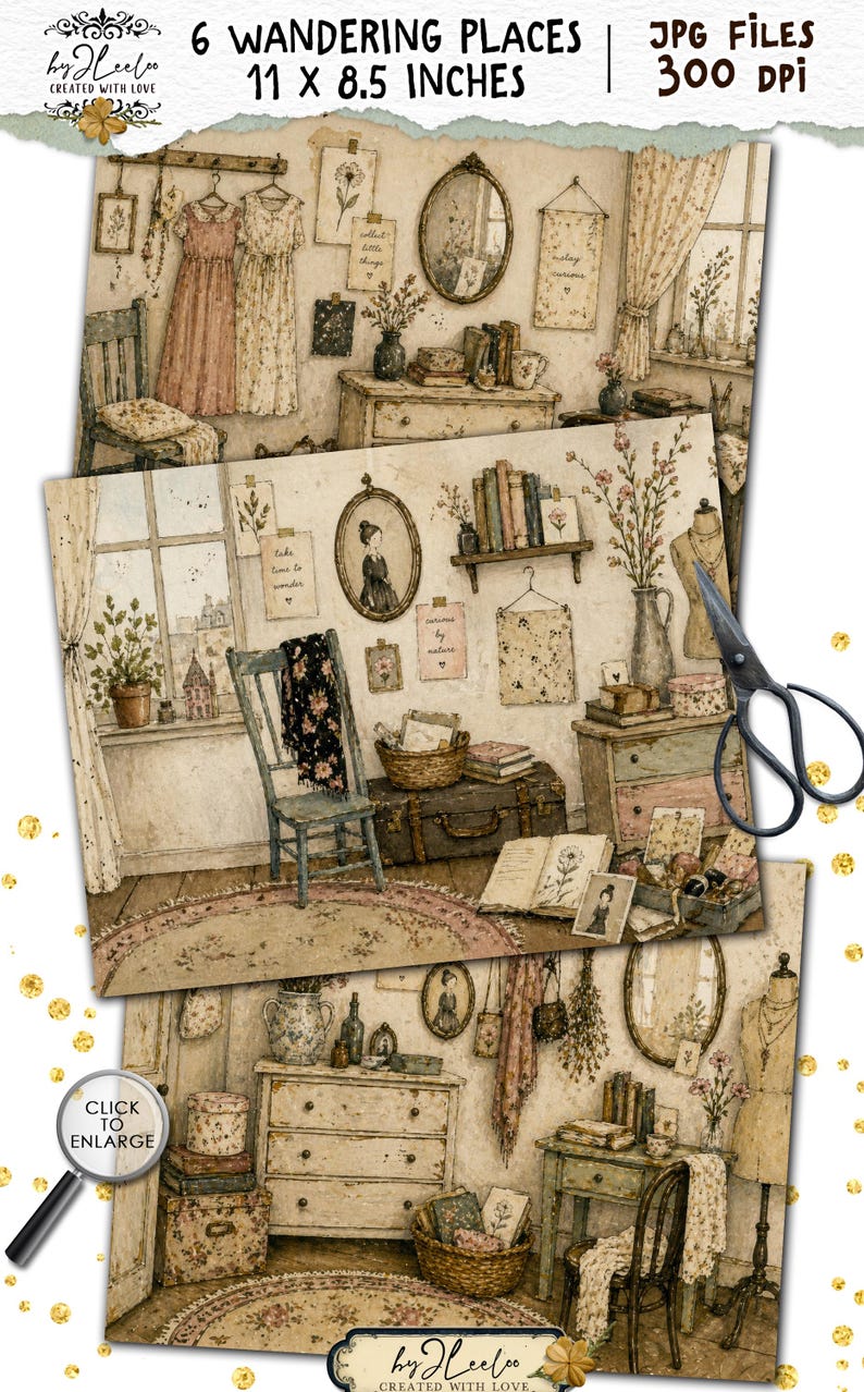 Puede incluir: Ilustraci&oacute;n en acuarela de seis escenas de estilo vintage, cada una representando una habitaci&oacute;n con muebles antiguos, detalles florales y objetos decorativos. El texto dice "6 Wandering Places 11 x 8.5 inches JPG Files 300 DPI".