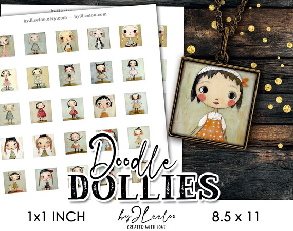DOODLE DOLLIES 30 whimsical 1x1 inch square images vintage girls | printable square for jewelry crafts inchies & journal Mixed media | qu634