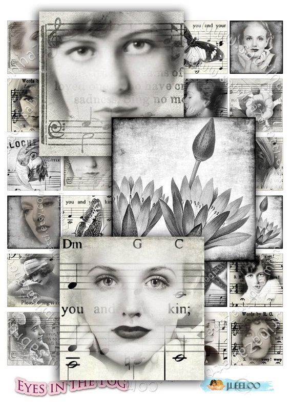 Digital collage EYES in THE FOG 1.5x1.5 inch square black white raven romantic for pendant clipart magnet instant download printable qu138