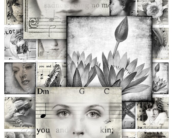 Digital collage EYES in THE FOG 1.5x1.5 inch square black white raven romantic for pendant clipart magnet instant download printable qu138