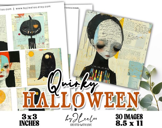 QUIRKY HALLOWEEN 3x3 inch printable | Supplies whimsy square charm, mirror, magnet, labels, altered art, craft card, sticker | CU | qu617