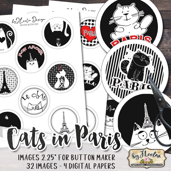 CATS IN PARIS 2.25 for button machine magnet stickers pendant hand drawn original instant download printable | tn649
