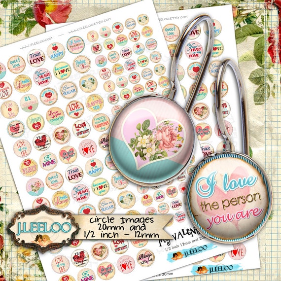 Digital c0llage sheet MY VALENTINE 12mm 20mm circle sheets earring ring love heart quote digital images jewelry instant download tn398
