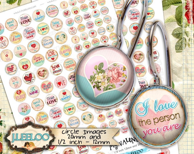 Digital c0llage sheet MY VALENTINE 12mm 20mm circle sheets earring ring love heart quote digital images jewelry instant download tn398