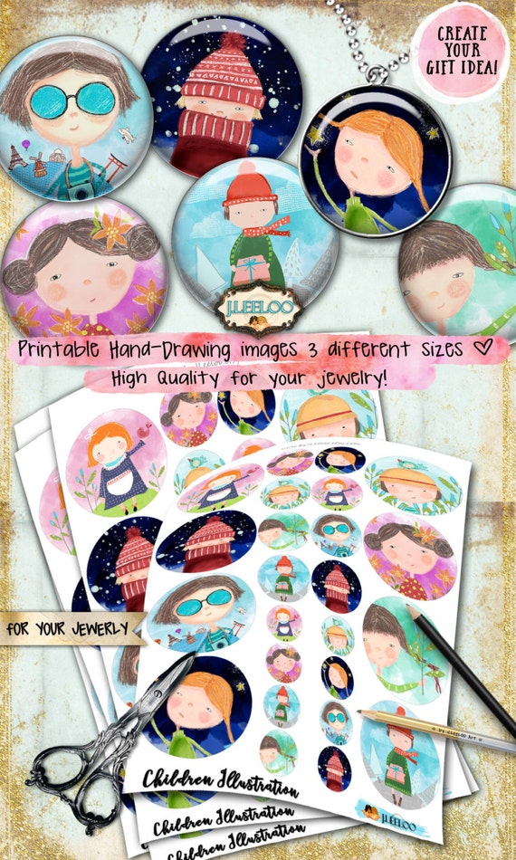 CHILDREN ILLUSTRATION 2.5 1.5 1 inch circle digital collage sheet paper hand-drawn magnet stickers instant download printable tn516