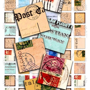 Impression numérique CARTE POSTALE 1 x 1 pouce carré écriture manuscrite carte postale collage feuille pendentifs vintage Téléchargement instantané imprimable qu203