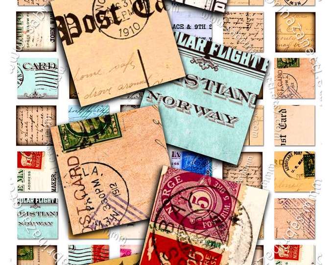 Digital printable SQUARE POSTMARK 1x1 inch square handwriting postcard collage sheet vintage pendants instant download printable qu203