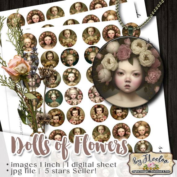 DOLLS of FLOWERS 1 inch strange round pendants | printable digital images | romantic chic portrait | ephemera vintage download qu644