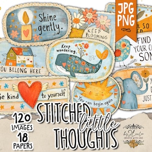 May include: A collection of rectangular and oval digital art labels with stitched edges, featuring illustrations of a candle, flowers, a house, a whale, a heart, a sun, a bird, and an elephant, accompanied by inspirational text phrases.