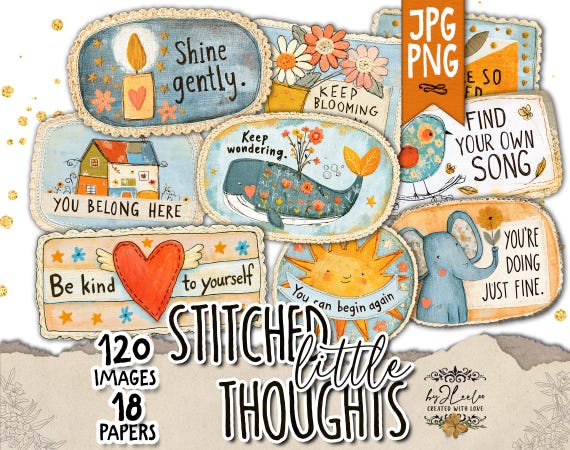 Whimsical Clipart, Stitched Fabric Patches, Motivational Quotes, Textile Folk Art, Junk Journal Ephemera, Scrapbook Embellishments | tl390