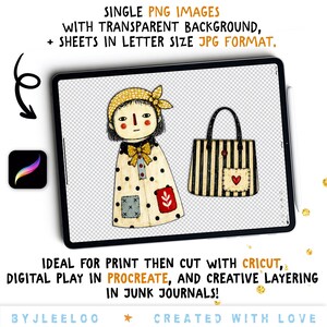 Puede incluir: Impresi&oacute;n de arte digital con una ilustraci&oacute;n caprichosa de una figura de mu&ntilde;eca y un bolso a rayas con un coraz&oacute;n. La imagen se muestra en una tableta con el texto: "SINGLE PNG IMAGES WITH TRANSPARENT BACKGROUND". El texto tambi&eacute;n menciona "PROCREATE" y "CRICUT".