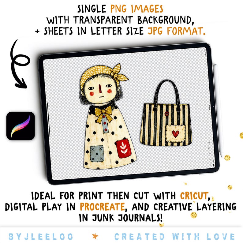 Puede incluir: Impresi&oacute;n de arte digital con una ilustraci&oacute;n caprichosa de una figura de mu&ntilde;eca y un bolso a rayas con un coraz&oacute;n. La imagen se muestra en una tableta con el texto: "SINGLE PNG IMAGES WITH TRANSPARENT BACKGROUND". El texto tambi&eacute;n menciona "PROCREATE" y "CRICUT".