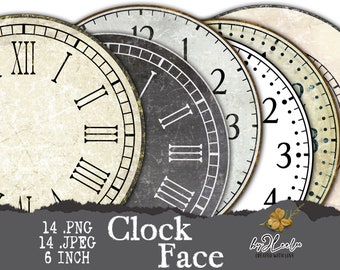 FACE CLOCK 6 inch circle printable | Vintage jpeg clock clipart vintage home decor diy | paper crafting download digital collage | tn789