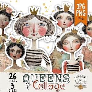 QUEENS of COLLAGE - Ensemble de poupées en papier vintage | 3 tailles + PNG arrière-plan transparent | Journal indésirable de scrapbooking | Clipart coupe délicate | p961
