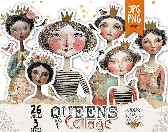 QUEENS of COLLAGE - Vintage Paper Dolls Set | 3 Sizes + PNGs Transparent Background | Junk Journal Scrapbooking | Clipart Fussy Cut | pp961