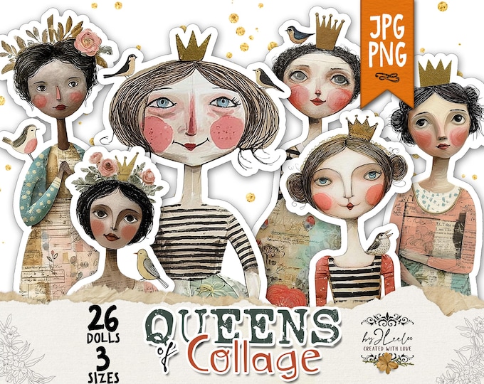 QUEENS of COLLAGE - Vintage Paper Dolls Set | 3 Sizes + PNGs Transparent Background | Junk Journal Scrapbooking | Clipart Fussy Cut | pp961
