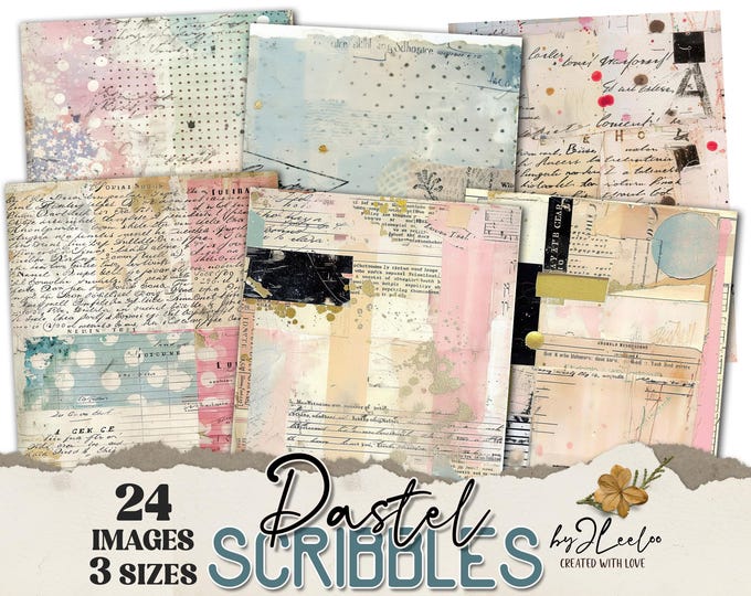 PASTEL SCRIBBLES 24 background 3 Sizes | Junk Journal Collage Pages | Backdrop Rustic papers | scrapbook digital | Commercial Use | pp927