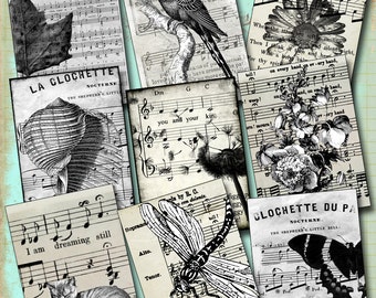 MUSIC IN BLACK and WHiTE Digital collage sheet nature life greeting cards printable backgrounds jewelry holder paper goods ac179