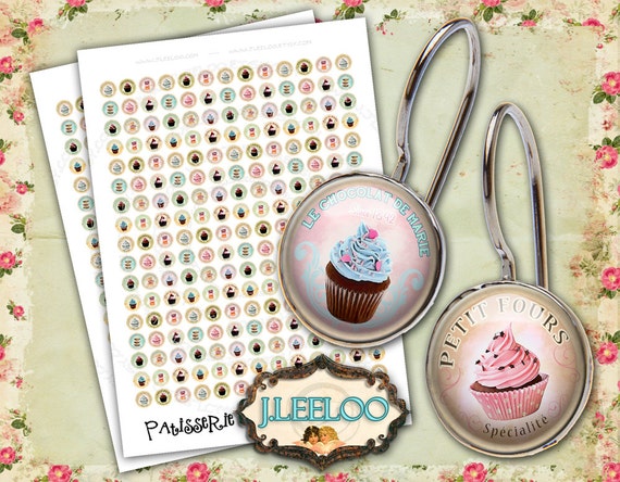 Digital printable PATISSERIE 10mm 12mm circle sheets earring ring size french paris digital images for jewelry instant download tn322