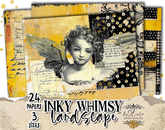 INKY WHIMSY Landscape – 24 Collage Papers 3 sizes for Junk Journals, Scrapbooks & Mixed Media Art | Vintage Printable Backgrounds | pp983