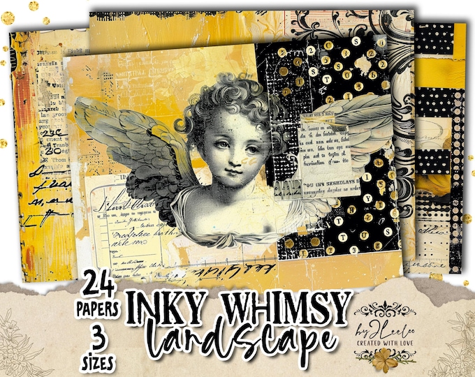 INKY WHIMSY Landscape – 24 Collage Papers 3 sizes for Junk Journals, Scrapbooks & Mixed Media Art | Vintage Printable Backgrounds | pp983