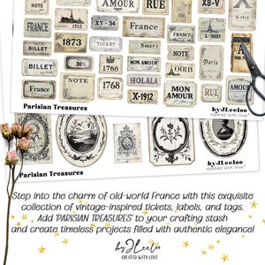 Może przedstawiać: Kolekcja vintage'owych bilet&oacute;w, etykiet i tag&oacute;w z paryskimi motywami. Etykiety zawierają tekst po francusku, np. "Amour", "Rue", "France" i "Mon Amour". Etykiety są wydrukowane na białym papierze czarnym tuszem i mają zużyty, vintage'owy wygląd. Kolekcja nosi tytuł "Parisian Treasures" i została stworzona przez JLeeloo.