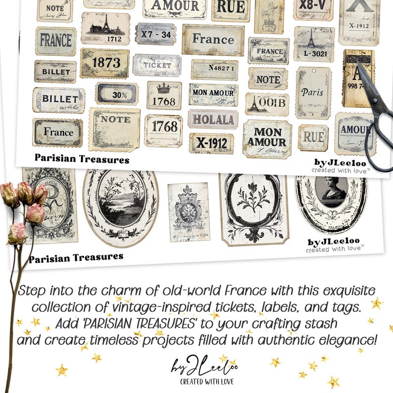Może przedstawiać: Kolekcja vintage'owych bilet&oacute;w, etykiet i tag&oacute;w z paryskimi motywami. Etykiety zawierają tekst po francusku, np. "Amour", "Rue", "France" i "Mon Amour". Etykiety są wydrukowane na białym papierze czarnym tuszem i mają zużyty, vintage'owy wygląd. Kolekcja nosi tytuł "Parisian Treasures" i została stworzona przez JLeeloo.