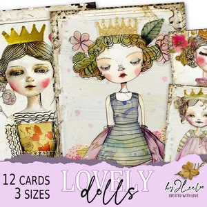 LOVELY DOLLS 3 Größen Skurril handgezeichnete | Rosa Vintage Karte machen Junk Journal Zubehör | Scrapbook Kinder digitale Postkarte | S.748