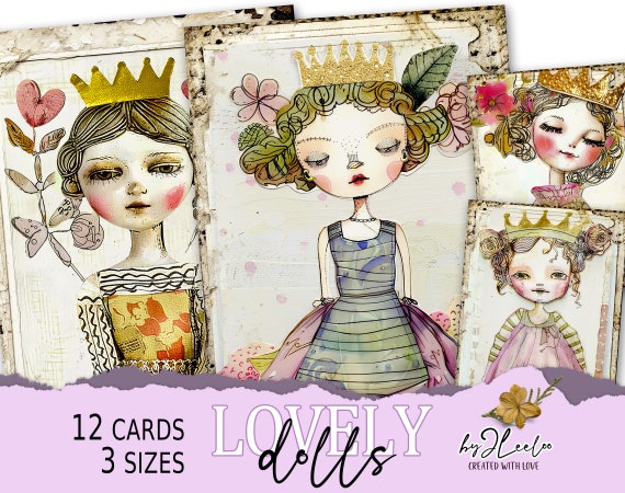 LOVELY DOLLS 3 sizes Whimsical hand-drawn | pink vintage card making junk journal supplies | scrapbook children digital postcard | pp748