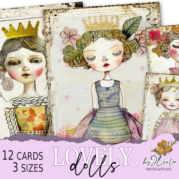 LOVELY DOLLS 3 sizes Whimsical hand-drawn | pink vintage card making junk journal supplies | scrapbook children digital postcard | pp748