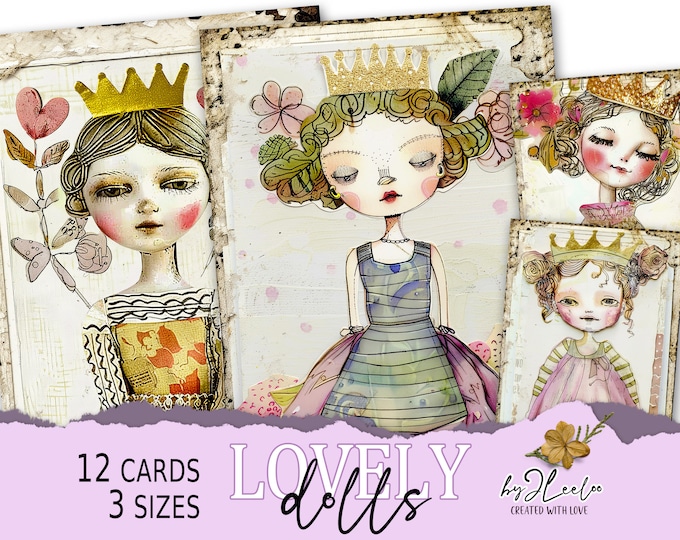 LOVELY DOLLS 3 sizes Whimsical hand-drawn | pink vintage card making junk journal supplies | scrapbook children digital postcard | pp748