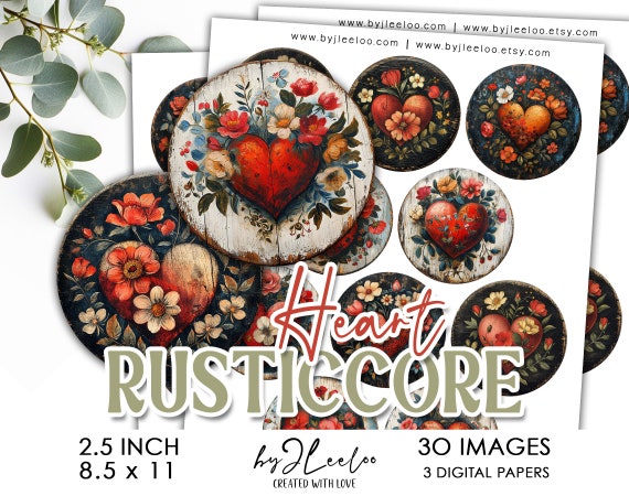RUSTICCORE HEART 2.5 inch printable | Lovers gift Valentine supplies love round pendant mirror sticker magnet Oil painting vintage | tn755