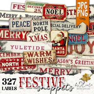 FESTIVE SNIPPETS printable Christmas words | Vintage Labels Antique Stickers Holidays Junk journal | scrapbooking collection art CU | tl306