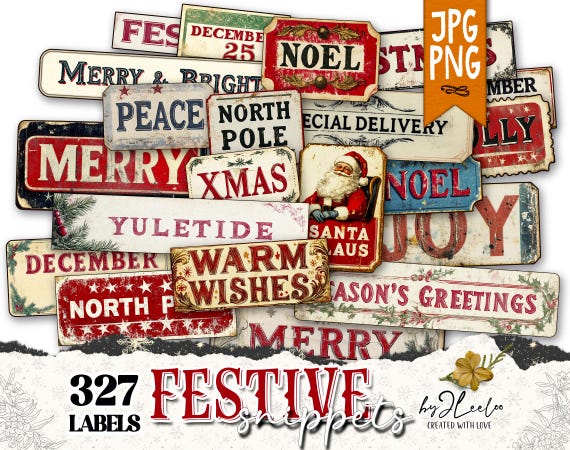 FESTIVE SNIPPETS printable Christmas words | Vintage Labels Antique Stickers Holidays Junk journal | scrapbooking collection art CU | tl306