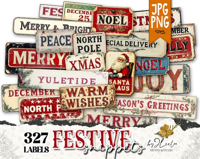 FESTIVE SNIPPETS printable Christmas words | Vintage Labels Antique Stickers Holidays Junk journal | scrapbooking collection art CU | tl306