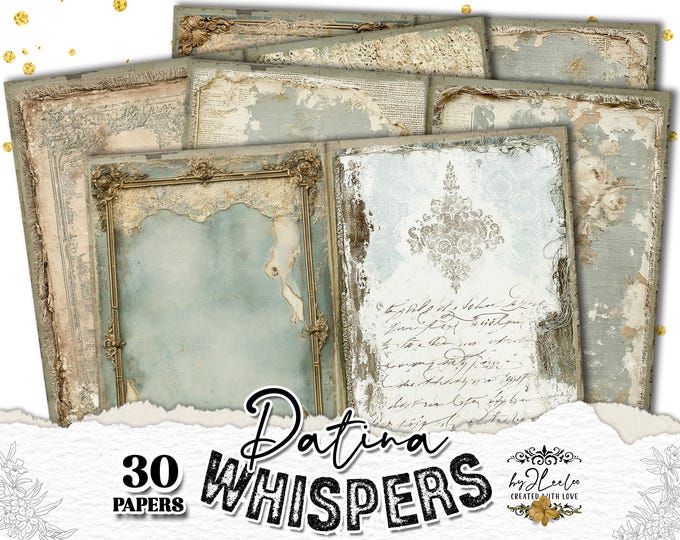 PATINA WHISPERS Vintage Shabby Chic Printable Papers | Blue Floral Ephemera Backgrounds Junk Journal Kit | ppK65