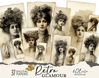 RETRO GLAMOUR paper craft supplies | junk journal elements vintage | ephemera diary mixed media tag label cards printable | CU DiY | cl160